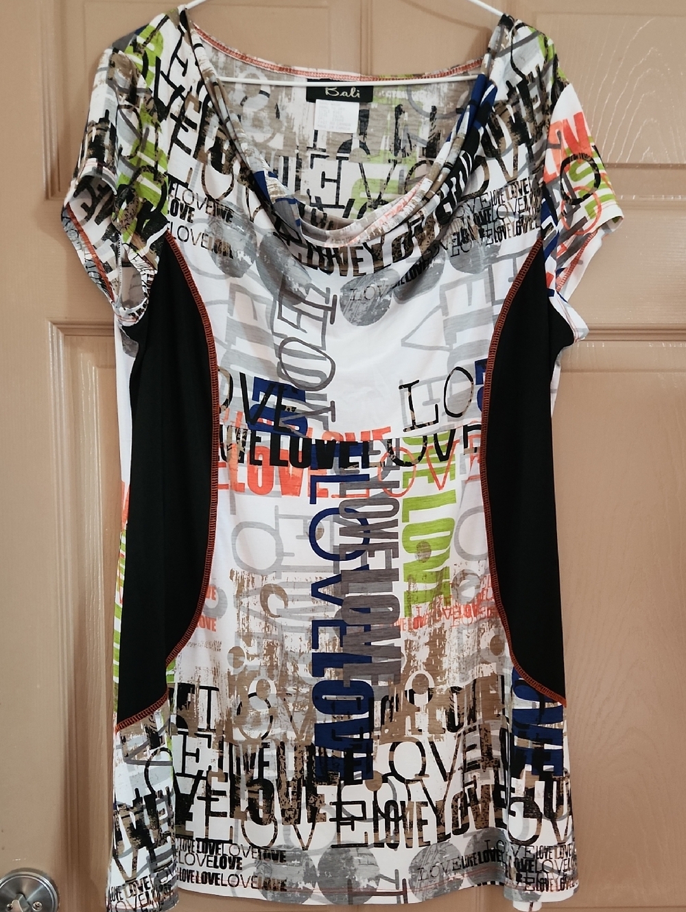 Bali Multi-Color Graphic Cowl Neck Top with Black Panels Sz XL
